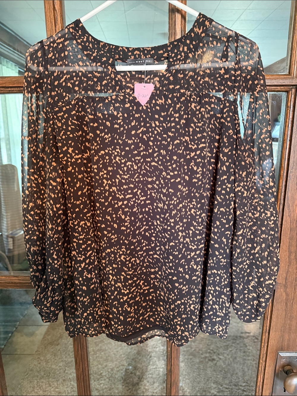 West Kei Black Tan Abstract Print Balloon Sleeve Chiffon Blouse M TU40594-B